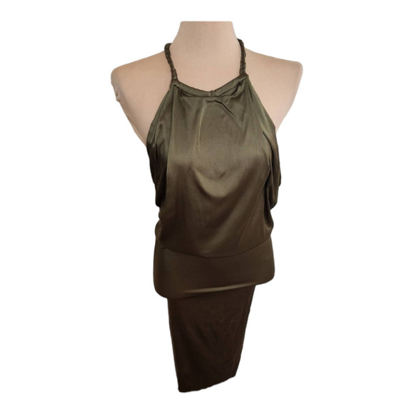 Y2k Brazilian designer braided halter neck midi dress olive green size small - Picture 1 of 6